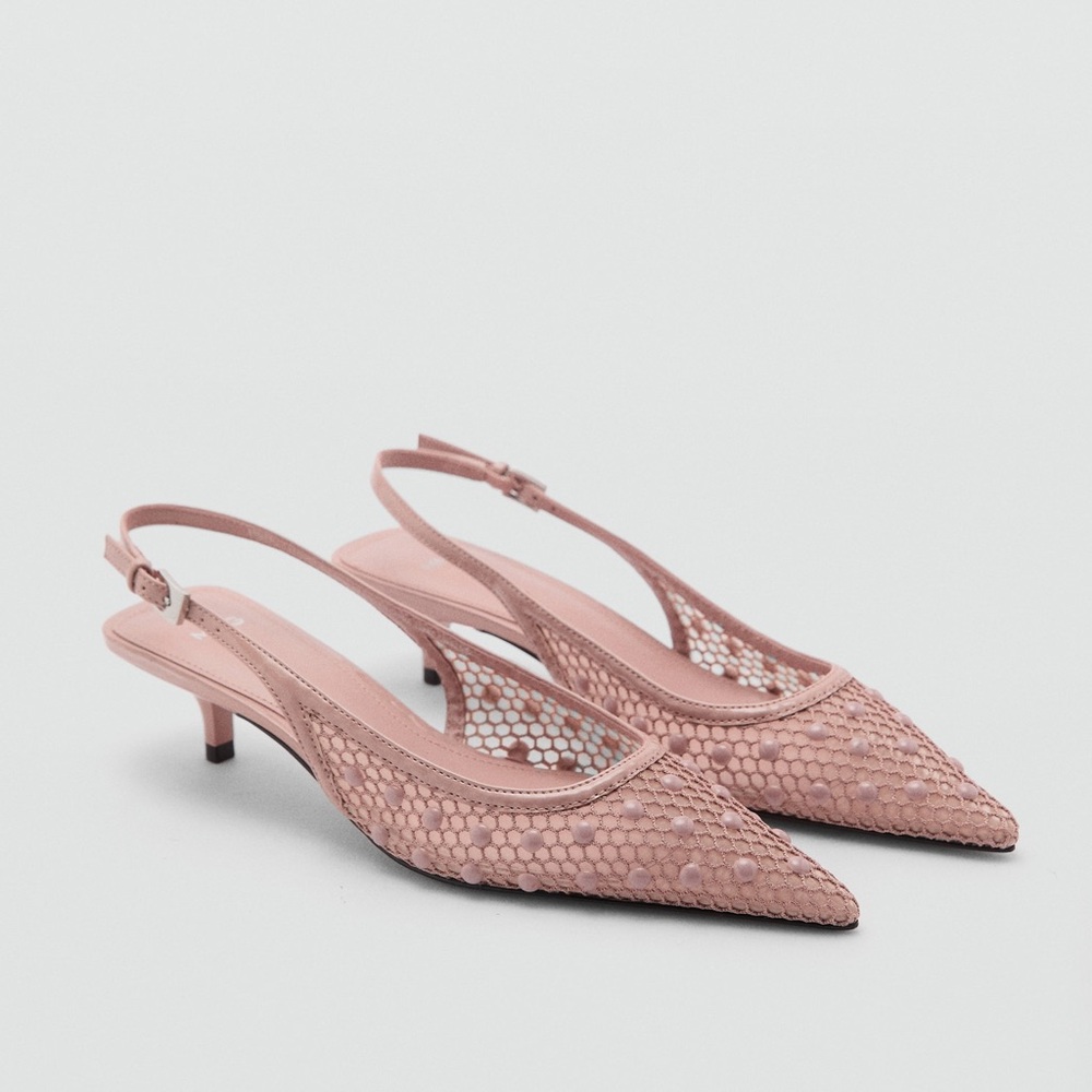 Mango MNG Blush Nude Mesh Slingback Kitten Heels Decorative Balls Euro 40 US 9